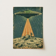 Listing image for Ufo Above Moon Base With Rays In Space Vintage Wall Art Print