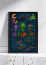 Listing image for Cosmic Alien Trio & UFO Fleet – Surreal Space Art