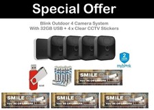 Listing image for Blink Outdoor Four Camera System + Sync Module + 32GB + 4 Clear CCTV Stickers
