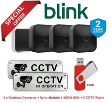 Listing image for Blink Outdoor 3 Camera Mega Bundle + Sync Module + 32GB USB + 2 Metal CCTV Signs