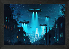 Listing image for UFO Fleet Above The City Framed Wall Art Poster Canvas Print Picture