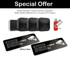 Listing image for Blink Outdoor Triple Camera System + Sync Module + 32GB + 2 Large CCTV Signs