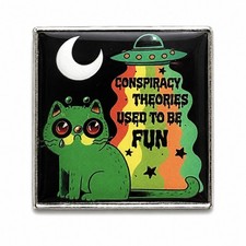 Listing image for Green Alien Cat Conspiracy Theories Used To Be Fun Square Metal Pin Badge UFO